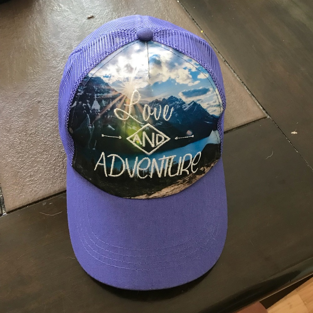 Purple “Love and Adventure” mesh back hat